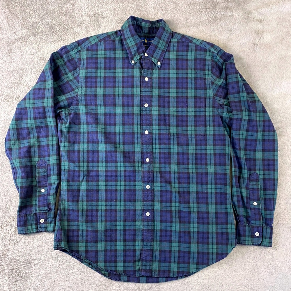 Polo Ralph Lauren Button Down Mens L Blue Green Plaid Slim Fit Holiday Preppy